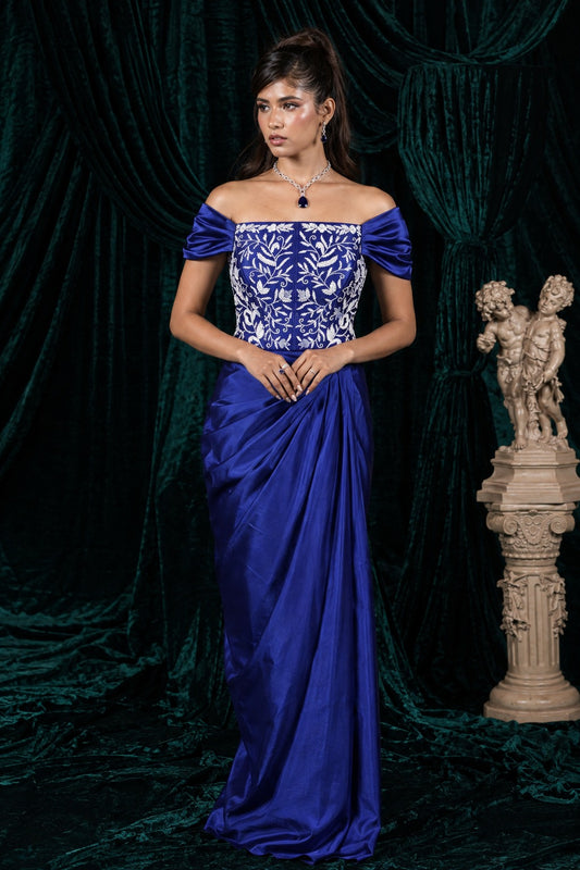 Moonlit Sapphire Royal Blue Hand Embroidered Corset and Drape skirt Set