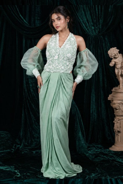 Mint Snowfall Mint Green Corset Draped Dress with Detachable Balloon Sleeves