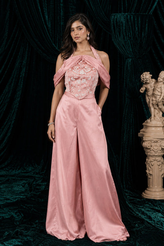 Coral Moonlight Hand Embroidered Corset and Pant Set
