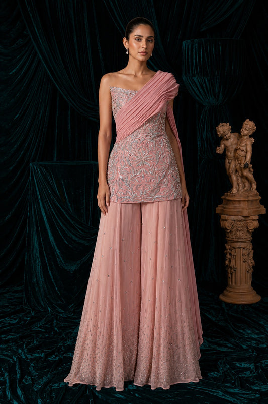 Coral Starshine Hand Embroidered Indo-Western