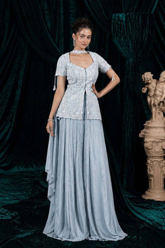 Frosted Dream Powder Blue Hand Embroidered Indo- Western