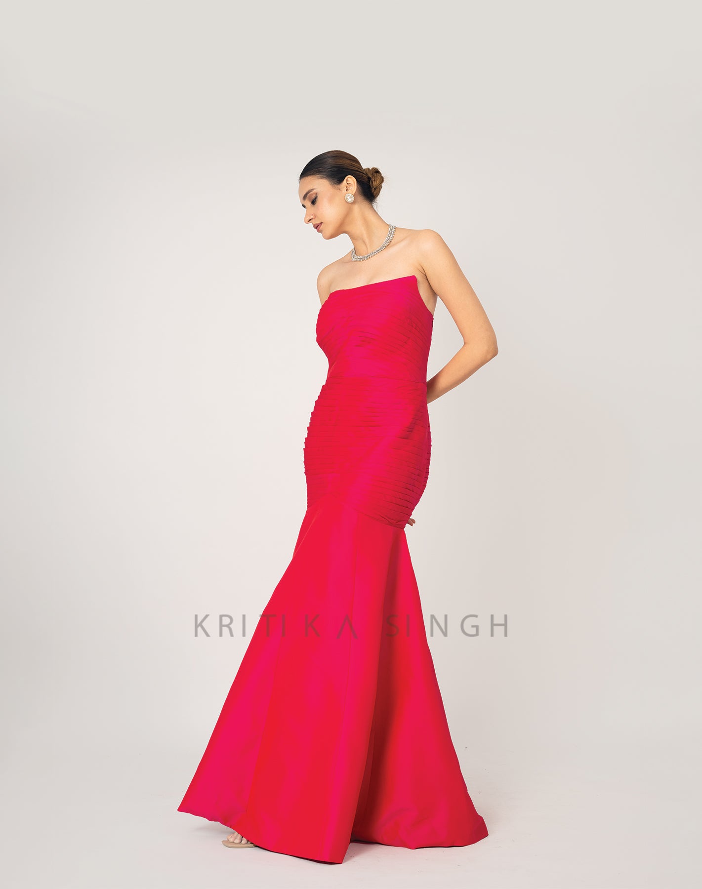 The Pink Mermaid Hot Pink Hand Pleated Fishcut Gown